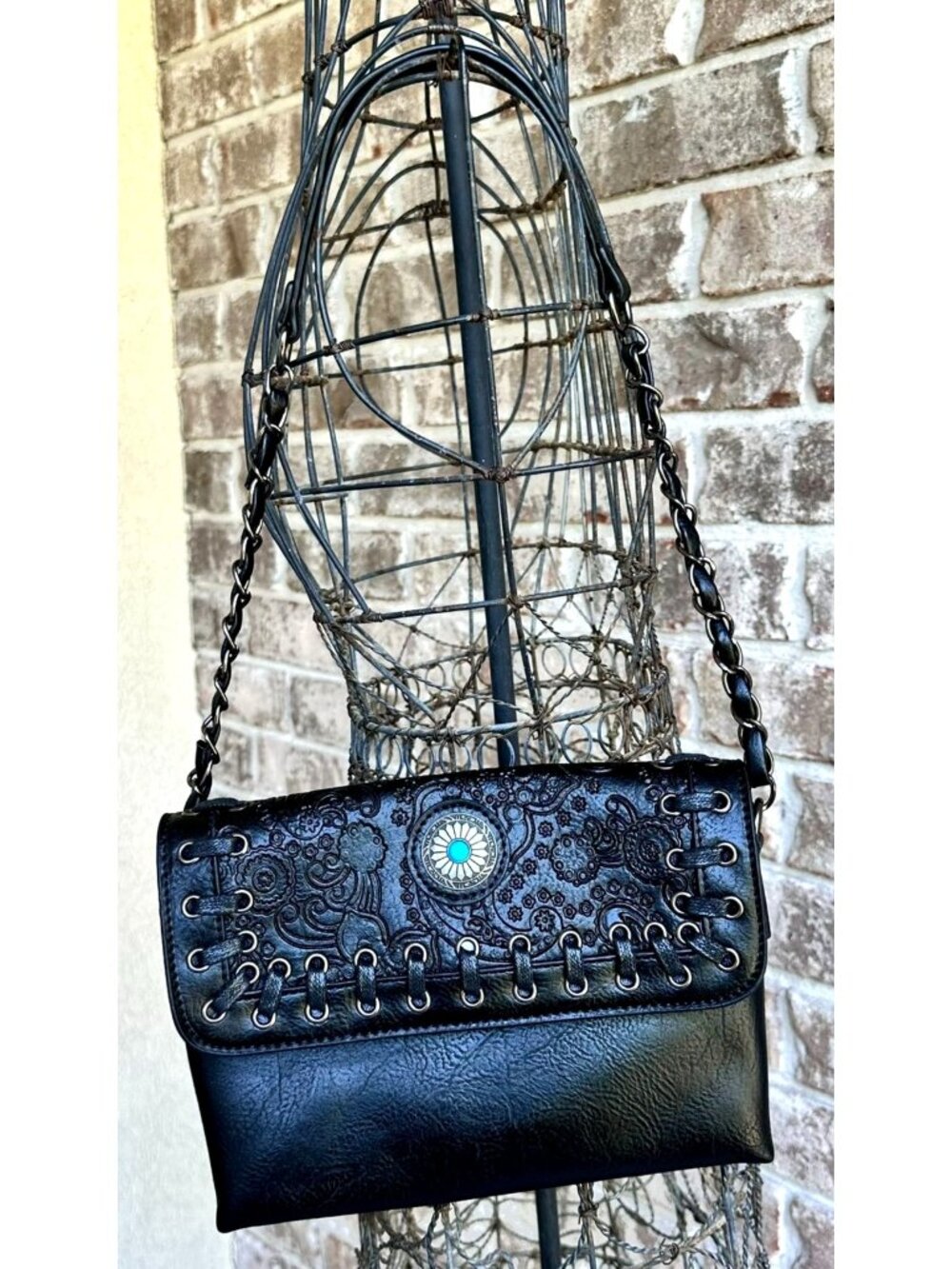 Sam Hadley Shoulder Bag Black Vegan Leather Western Tooled Snap Closure NWOT